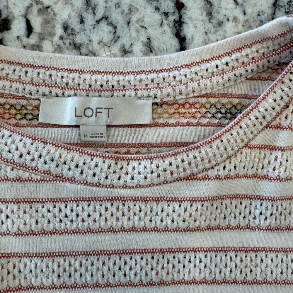 LOFT Pink Striped Pointelle Ruched Sleeve Top Medium - Picture 7 of 10